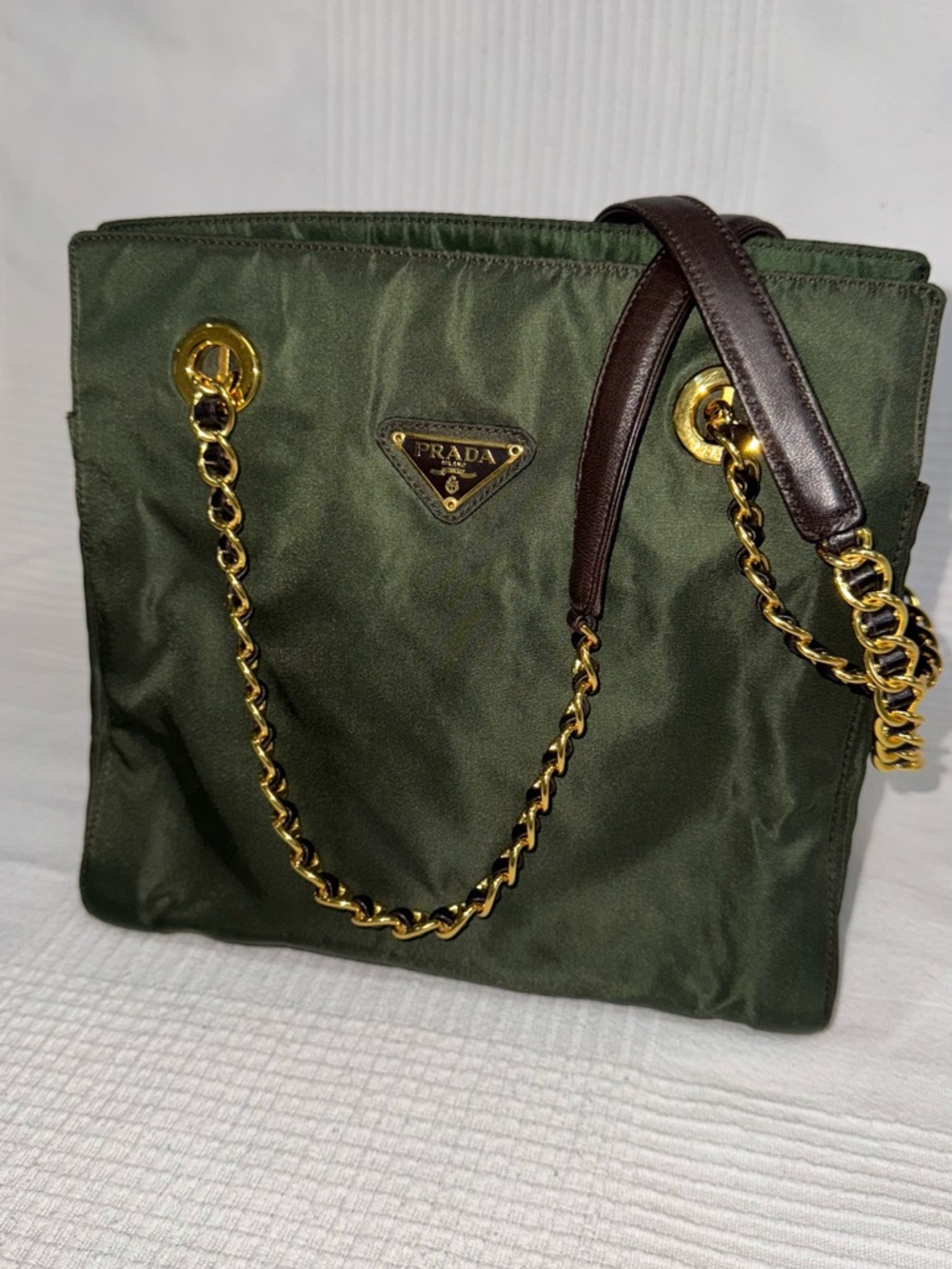 Prada Olive Nylon Tote with Gold Chain and Brown Leather Straps